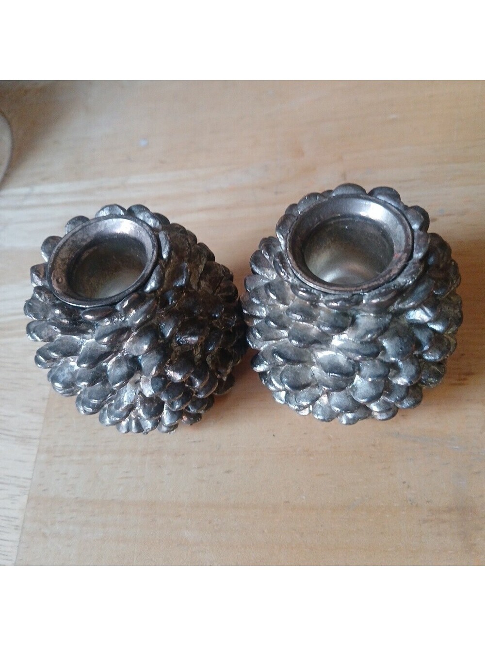 Metal Silver Plate Set Pair PineCone Taper Candle Holders Fall Christmas Decor